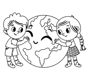 Black and White World Environment Day Clipart with Kids. Vector illustration.