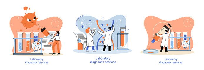 Laboratory diagnostic services metaphor, health indicators research treatment medical examination clinic. Health care and routine survey by doctor. Analyzes prescriptions of medications, lab equipment
