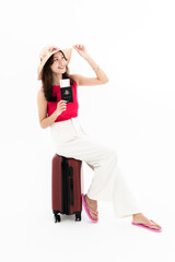 Asian couples in Thailand are preparing to travel. Both were very excited, glad to go on vacation. isolate on white background