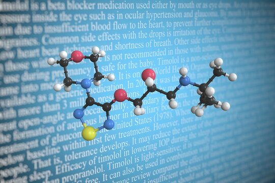 Timolol scientific molecular model, 3D rendering