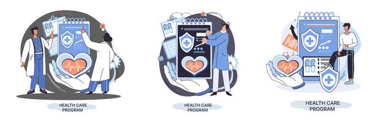 Health care program metaphor, online medical services, protection medicine. Medical insurance, hospital services, preventive check up, sick leave certificate treatment diagnosis patients, telemedicine
