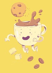 A clumsy cup of coffee falls with a cookie and two lumps of sugar.  Strong coffee spills, and the cup feels a sense of annoyance.