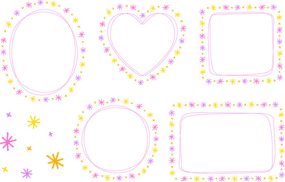 Abstract Bright Pink Yellow Star Daisy Flower Doodle Hand Drawing Drawn Heart Circle Square Oval Rectangle Sticky note Shape Line Borders Frames Plate Set Collection Background Vector Illustration