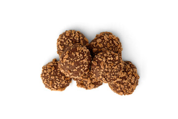 Shortbread cookies in milk chocolate glaze and crumbs isolated on white background.