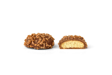 Shortbread cookies in milk chocolate glaze and crumbs isolated on white background.