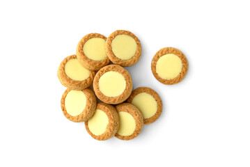 Round shortbread cookies with lemon filling isolated on white background.