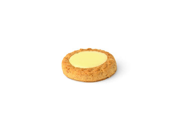 Round shortbread cookies with lemon filling isolated on white background.