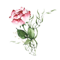 Watercolor bouquet. Wild garden rose flower, green branches, leaves, twigs. Hand drawn floral illustration