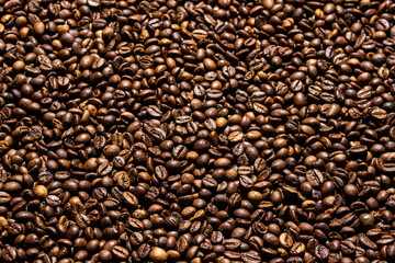 Coffee beans in full screen. Wallpaper from coffee beans. Texture of coffee beans