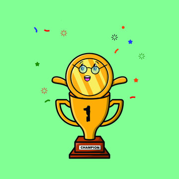 Cute cartoon gold coin character in trophy in concept 3d cartoon style