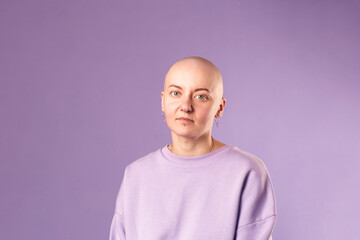 Young woman suffering from cancer laugh smile feel positive about future recovery. Millennial...