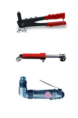 various modern tools for professional appliance repair isolated on white background