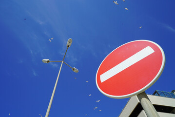 Low angle shot of no entry sign, a street lamp, and flying birds