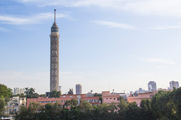 Obraz premium Beautiful view of the Cairo Tower and the Nile embankment in Cairo, Egypt