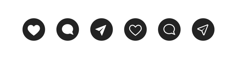 Set with a black social network icon. Heart, comment, send icons. Vector line illustration. White symbols in a black circle. - obrazy, fototapety, plakaty