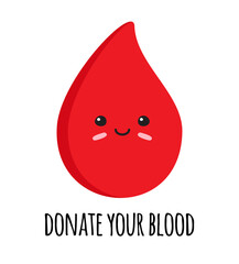 Vector flat hand drawn blood drop with face and donate blood text isolated on white background