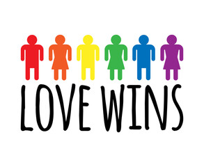 Vector hand drawn lgbtq rainbow flag people and love wins lettering isolated on white background