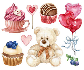 Watercolor valentines day set, romantic elements.White plush teddy bear, coffee mug, cupcake, gift box, chocolate candy. Elegant style. Hand-drawn illustration. Wedding and bridal shower set