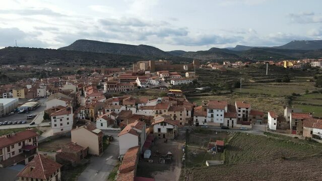 Aerial views from Mora de Rubielos, Teruel, Arag&oacute;n, Spain. Drone views from Mora de Rubielo's Town on the sunset.