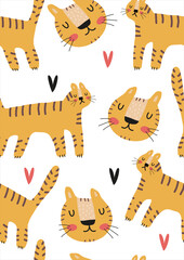 Funny Safari Party Vector Seamless Pattern with Wild Cats on a White Background. Cute Infantile Style Nursery Repeatable Print with Sweet Tigers ideal for Fabric, Textile, Wrapping Paper.