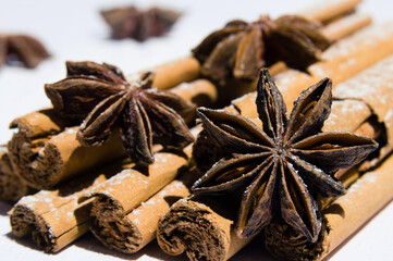 Dry cinnamon and star anise covered in icing sugar as snow