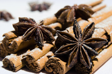 Dry cinnamon and star anise covered in icing sugar as snow