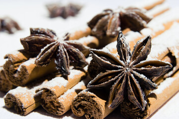 Dry cinnamon and star anise covered in icing sugar as snow
