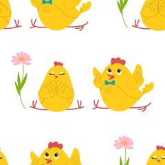 Cute yellow chicks in different poses seamless pattern, birds and flowers, butterflies. Vector illustration.