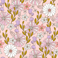 Floral seamless pattern in retro style. Hand drawn blossom vintage texture. Great for fabric, textile, wallpaper. Vector illustration