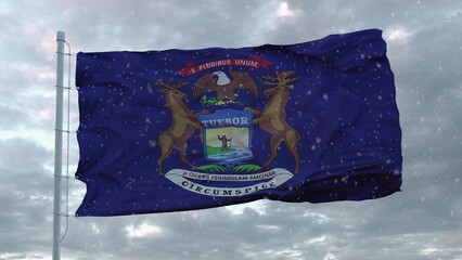 Michigan winter flag with snowflakes background. United States of America. 3d rendering