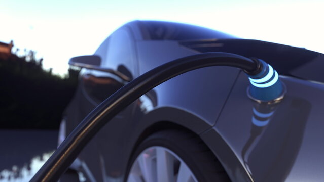 Electric vehicle charging port plugging in EV modern car. Plug charging an electrical car. 3d rendering