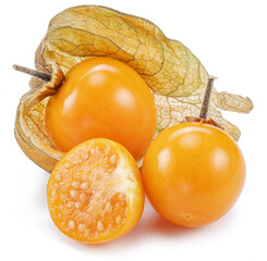 Ripe physalis or golden berry fruits isolated on white background. - obrazy, fototapety, plakaty