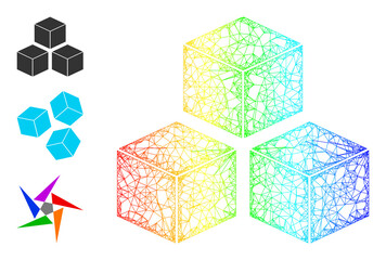 Rainbow colored crossing mesh cubes. Wire carcass 2d net geometric symbol based on cubes icon, made with crossing lines. Colored irregular mesh icon.
