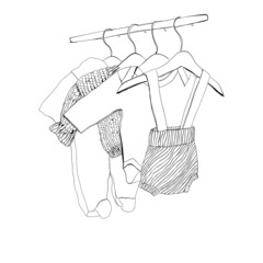Hand drawn wardrobe sketch. Baby clothes on hungers