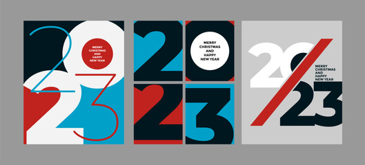 2023 Colorful set of Happy New Year posters. Abstract design with typography style. Vector logo 2023 for celebration and season decoration, backgrounds for branding, banner, cover, poster and more.