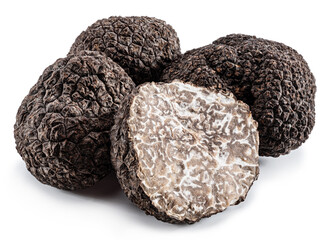 Black winter truffles and truffle cross section on white background. The most famous of the trufflez.