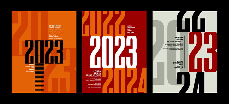 2023 Colorful set of Happy New Year posters. Abstract design with typography style. Vector logo 2023 for celebration and season decoration, backgrounds for branding, banner, cover, poster and more.