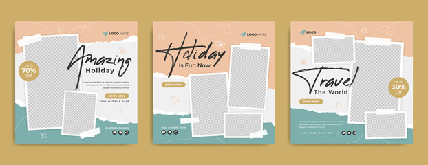 Travel sale social media post template. Summer beach holiday promotion flyer with agency logo and icon. Traveling business marketing poster. Travelling web banner with abstract digital background.