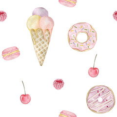 Watercolor seamless pattern with ice cream, cherry, macaron, raspberry, donut. Isolated on white background. Hand drawn clipart. Perfect for card, fabric, tags, invitation, printing, wrapping.