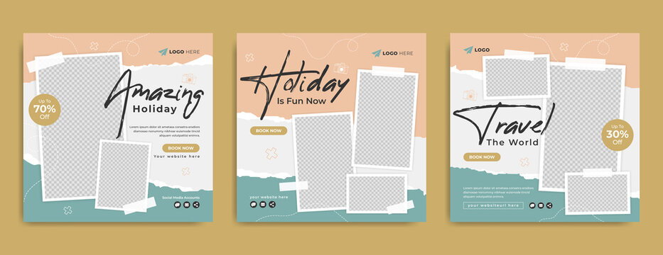 Travel Sale Social Media Post Template. Summer Beach Holiday Promotion Flyer With Agency Logo And Icon. Traveling Business Marketing Poster. Travelling Web Banner With Abstract Digital Background.