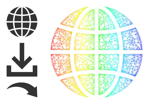 Spectrum colored net mesh globe. Hatched carcass flat net geometric image based on globe icon, generated with crossed lines. Colored net mesh icon.