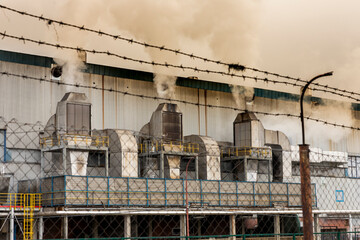 Air pollution from power plant chimneys. Deadly smoke emmiting from the factory