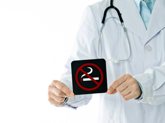 Doctor holding no smoking sign against white background