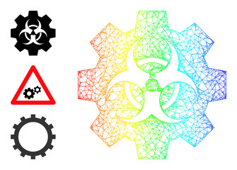 Fototapeta na wymiar Rainbow vibrant crossing mesh biohazard industry. Crossed carcass 2d network abstract symbol based on biohazard industry icon, made with crossing lines. Vibrant crossing mesh icon.