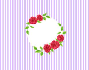 Circular frame of red roses with vertical stripes on a light purple background