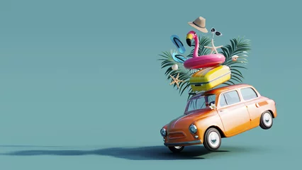 Foto op Canvas Grappige oranje retro auto met zomervakantie accessoire op groene achtergrond 3D-Rendering, 3D Illustration © hd3dsh