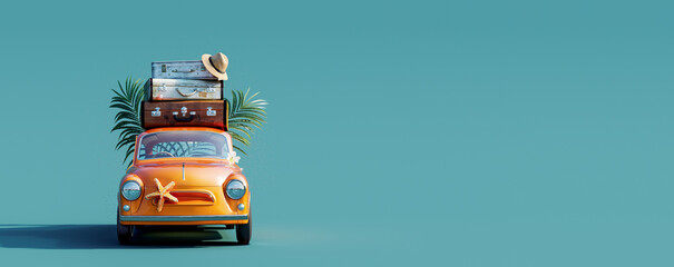 Front view of orange retro car with luggage on the roof ready for summer vacation 3D Rendering, 3D Illustration
 - obrazy, fototapety, plakaty