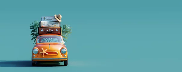 Foto op Canvas Front view of orange retro car with luggage on the roof ready for summer vacation 3D Rendering, 3D Illustration  © hd3dsh