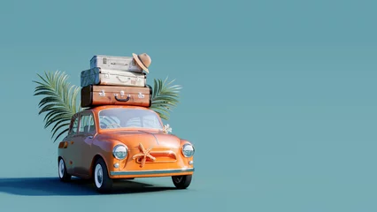 Fotobehang Oranje retro auto met bagage op het dak klaar voor zomer reizen 3D Rendering, 3D Illustration © hd3dsh