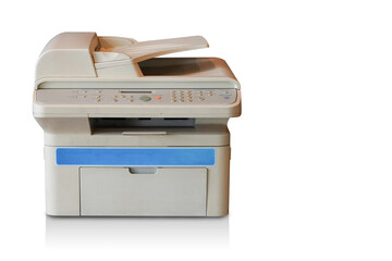 front view old white and blue printer on white background,object, background,technology background,...